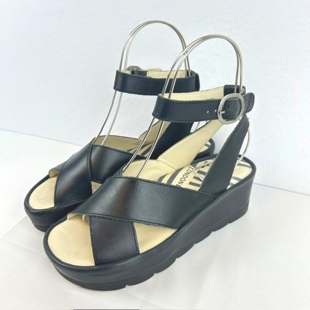 Fly London Platform Sandals Black Leather Wedge Ankle Strap Women Size 37